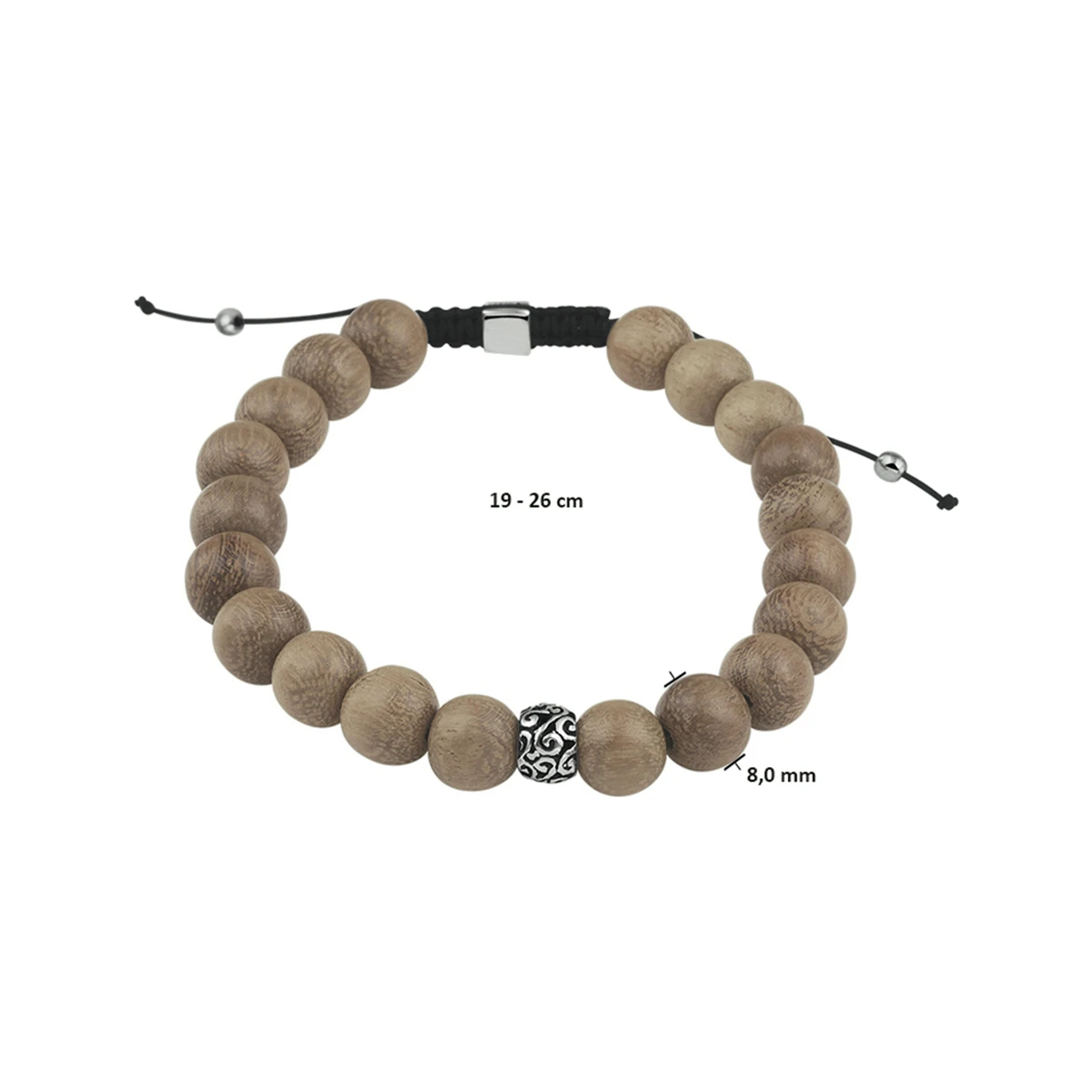 kralenarmband lichtbruin hout 8,0 mm 19 - 26 cm zilver gerhodineerd met rubber/nylon/leer