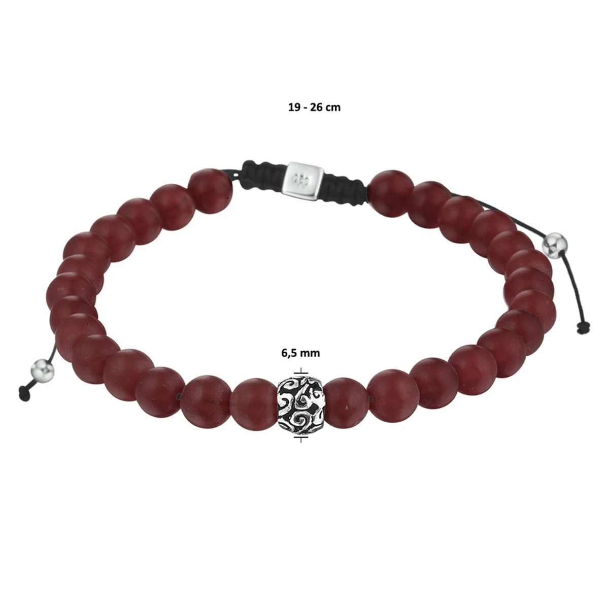 kralenarmband rood agaat 6,5 mm 19 - 26 cm zilver gerhodineerd met rubber/nylon/leer