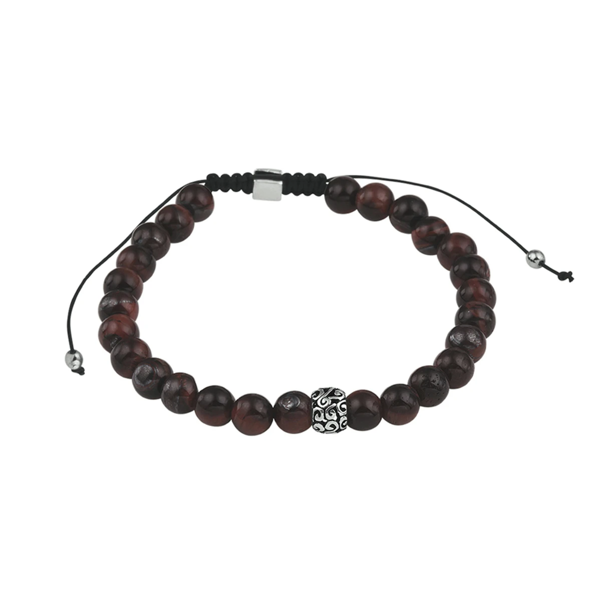 kralenarmband rood tijgeroog 6,5 mm 19 - 26 cm zilver gerhodineerd met rubber/nylon/leer