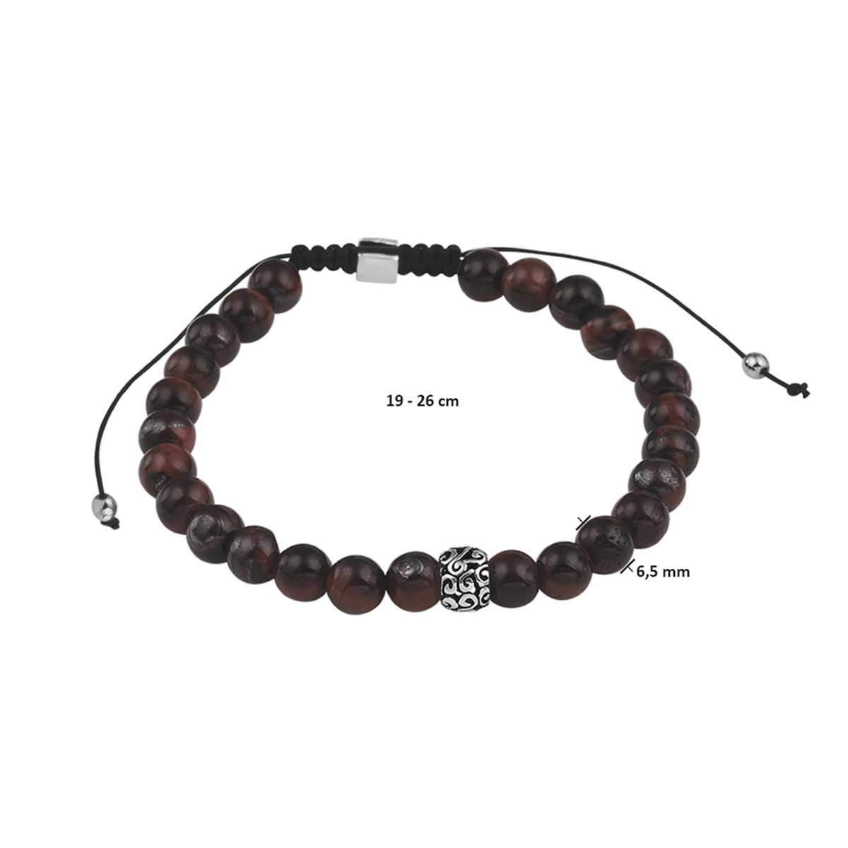 kralenarmband rood tijgeroog 6,5 mm 19 - 26 cm zilver gerhodineerd met rubber/nylon/leer