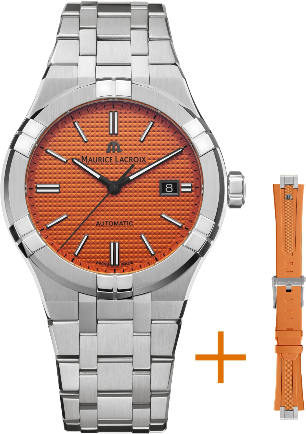 MAURICE LACROIX WATCH AIKON AUTOMATIC DATE 42MM ORANGE SET LIMITED EDITION 888PCS AI6008-SS00F-530-E