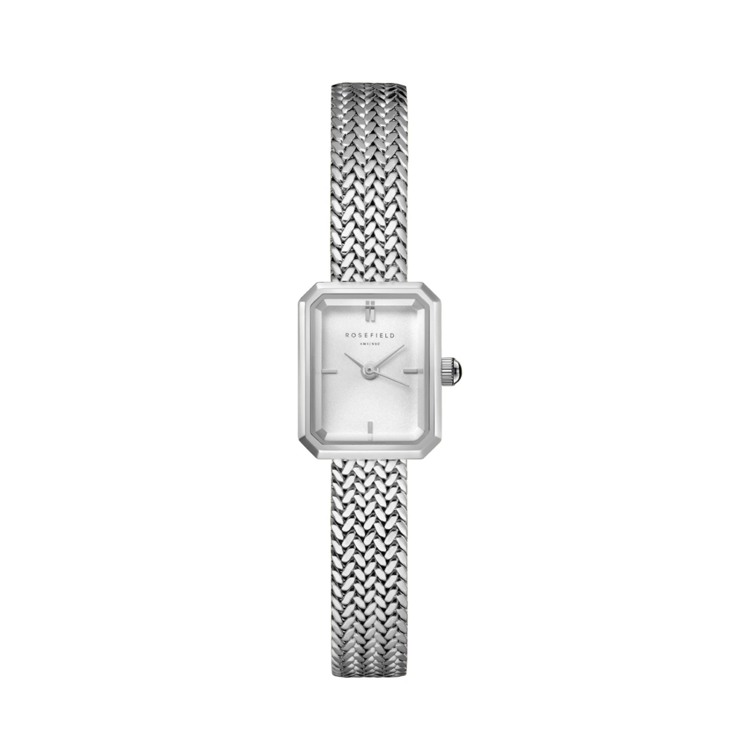 Mini Octagon White Dial Silver Woven Mesh Strap