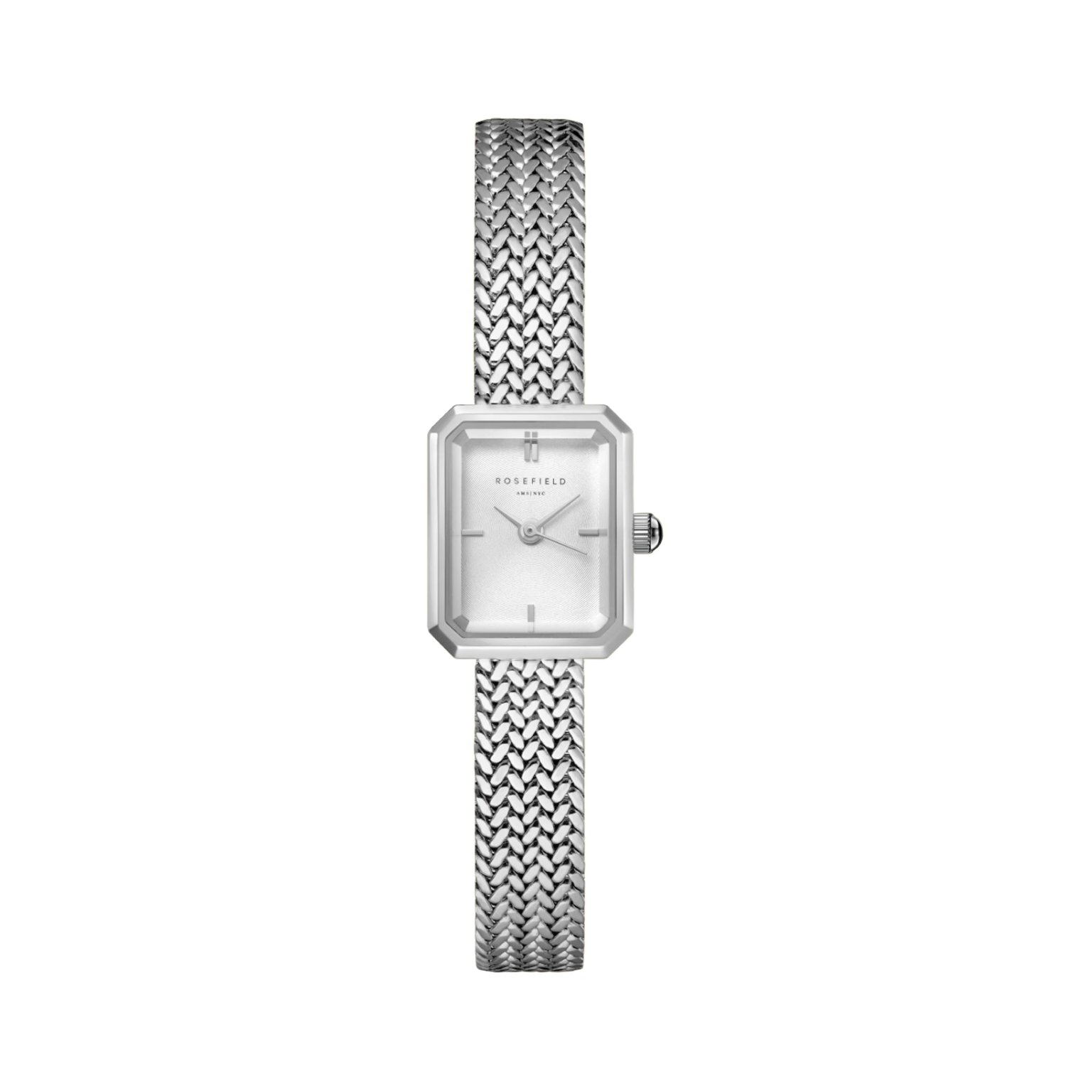 Mini Octagon White Dial Silver Woven Mesh Strap