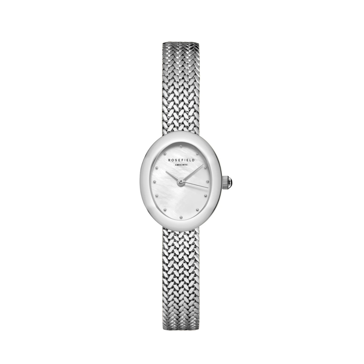 Mini Oval White Dial Silver Woven Mesh Strap