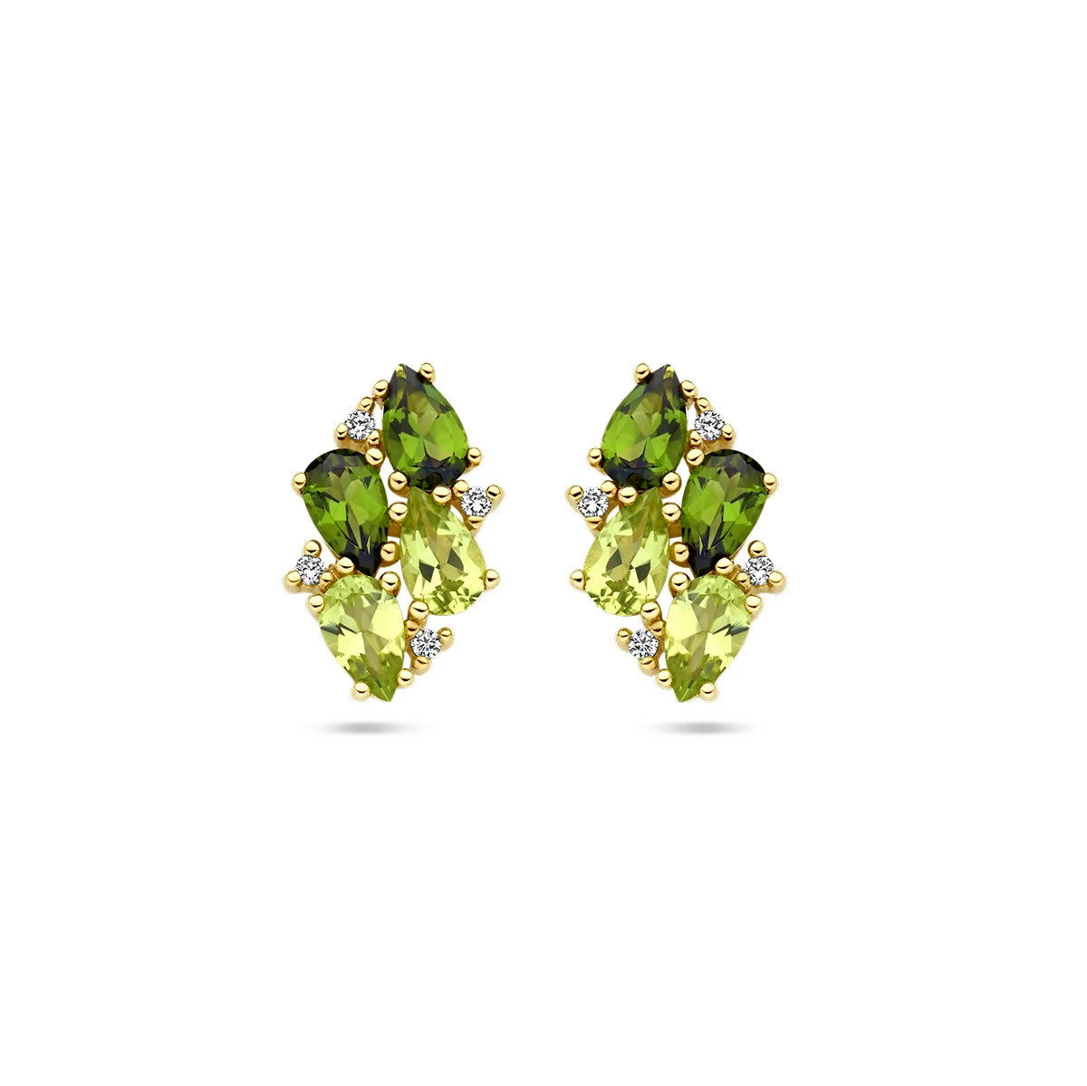 ooknoppen groen toermalijn, peridot en diamant 0.05ct (2x 0.025ct) h si 14K geelgoud