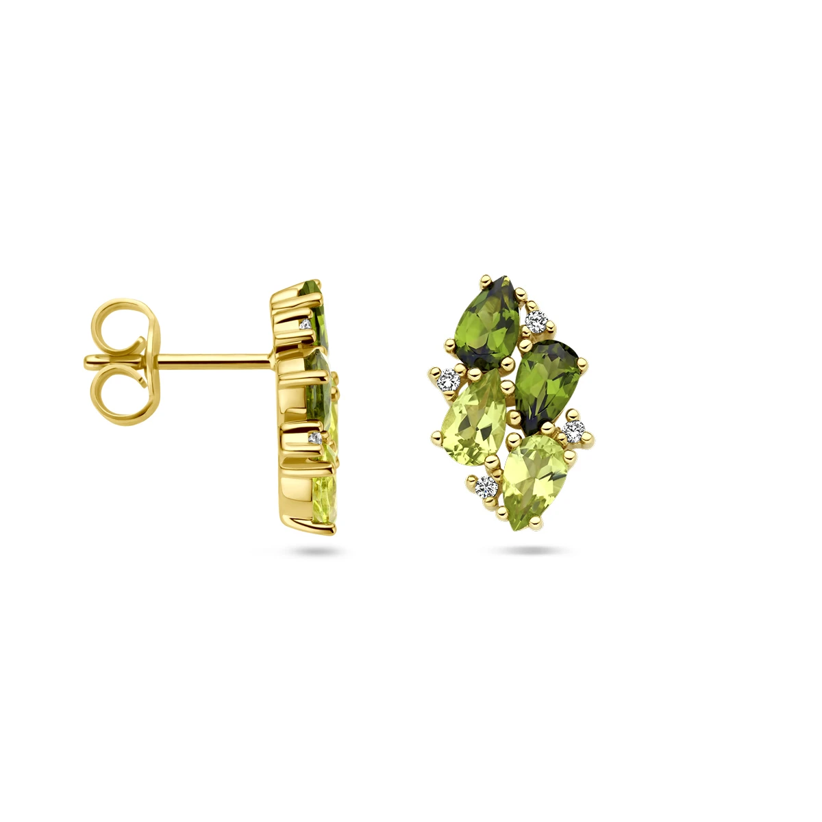 ooknoppen groen toermalijn, peridot en diamant 0.05ct (2x 0.025ct) h si 14K geelgoud