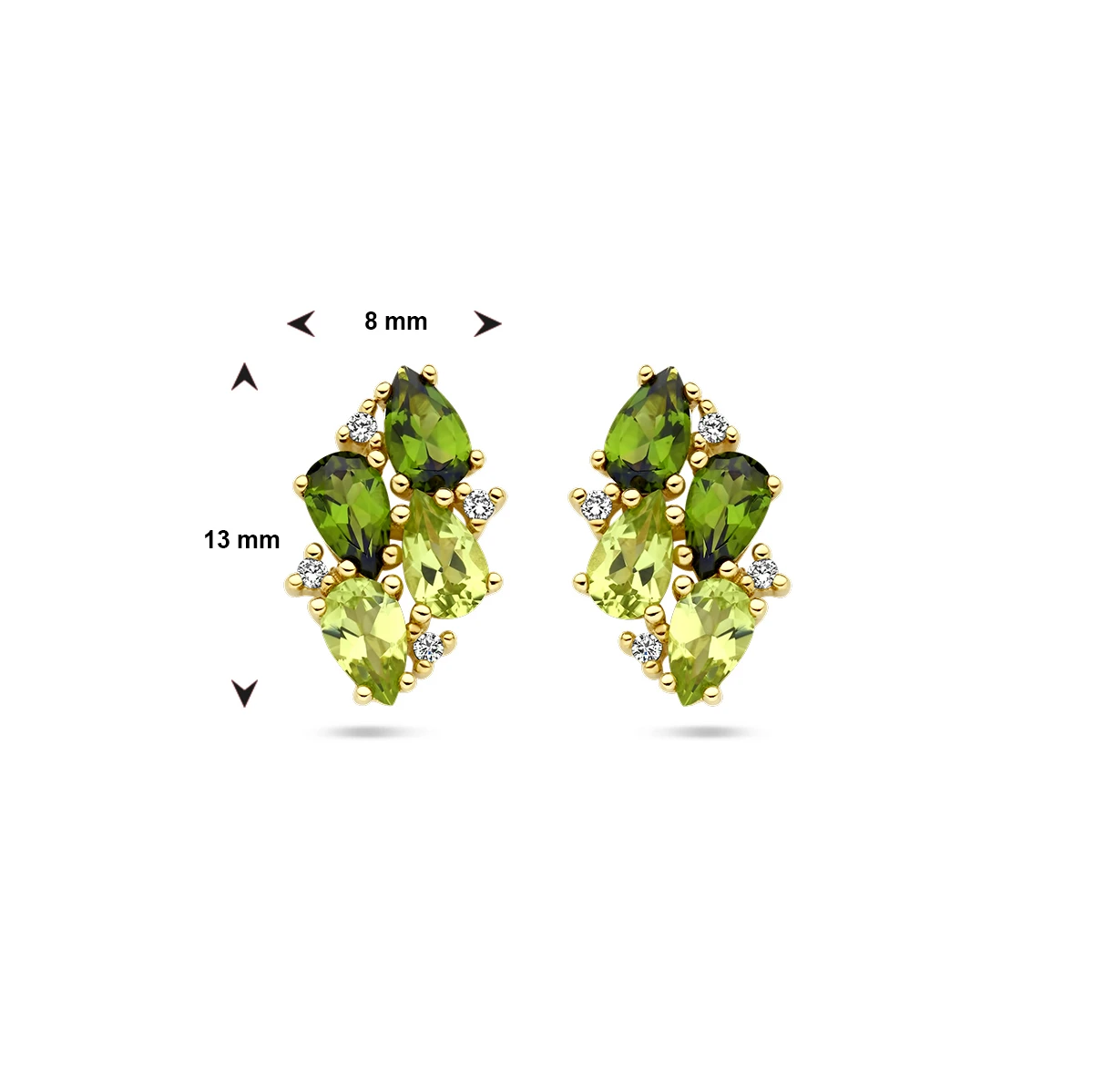 ooknoppen groen toermalijn, peridot en diamant 0.05ct (2x 0.025ct) h si 14K geelgoud