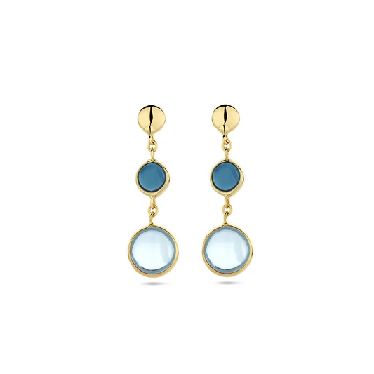 oorhangers blauw topaas en london blue topaas 14K geelgoud