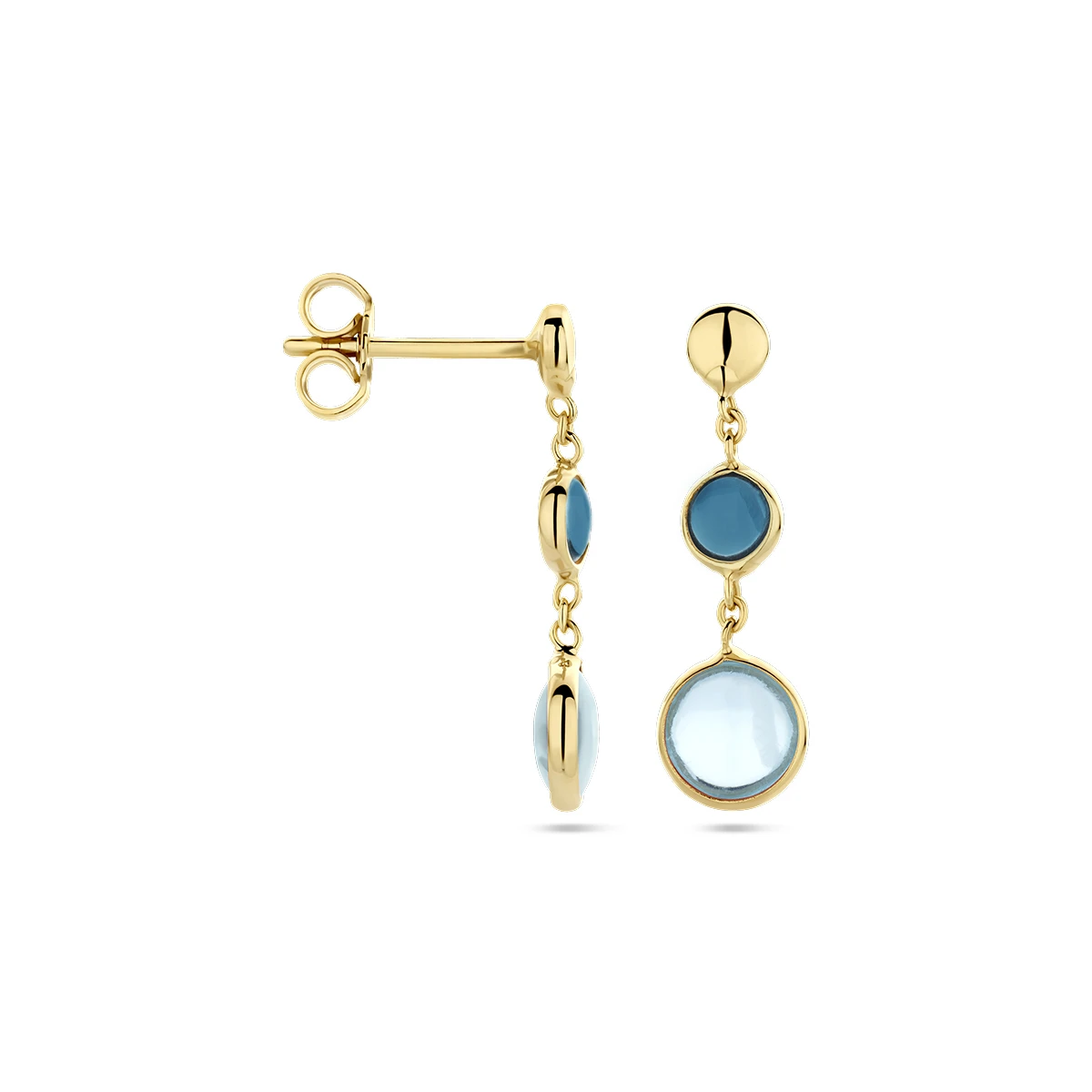 oorhangers blauw topaas en london blue topaas 14K geelgoud