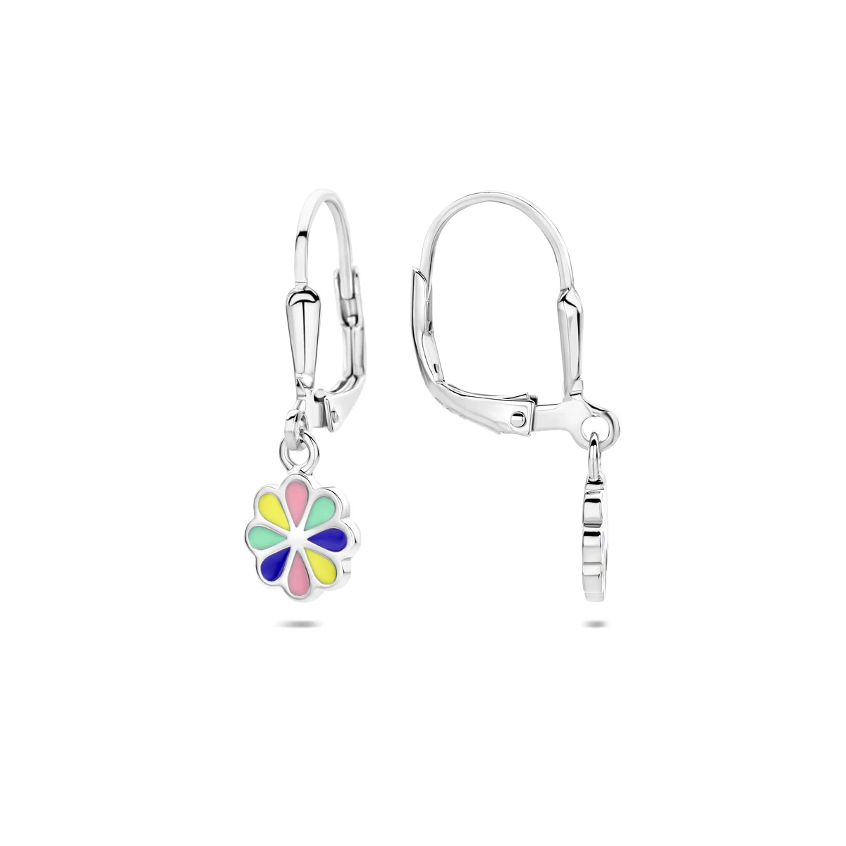 oorhangers bloem emaille brisur haak zilver gerhodineerd
