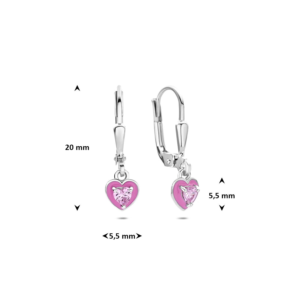 oorhangers emaille hart brisur haak zirkonia 20 mm zilver gerhodineerd