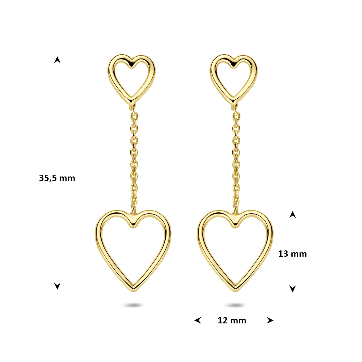 oorhangers hartjes 35,5 mm 1 micron zilver verguld (geel)