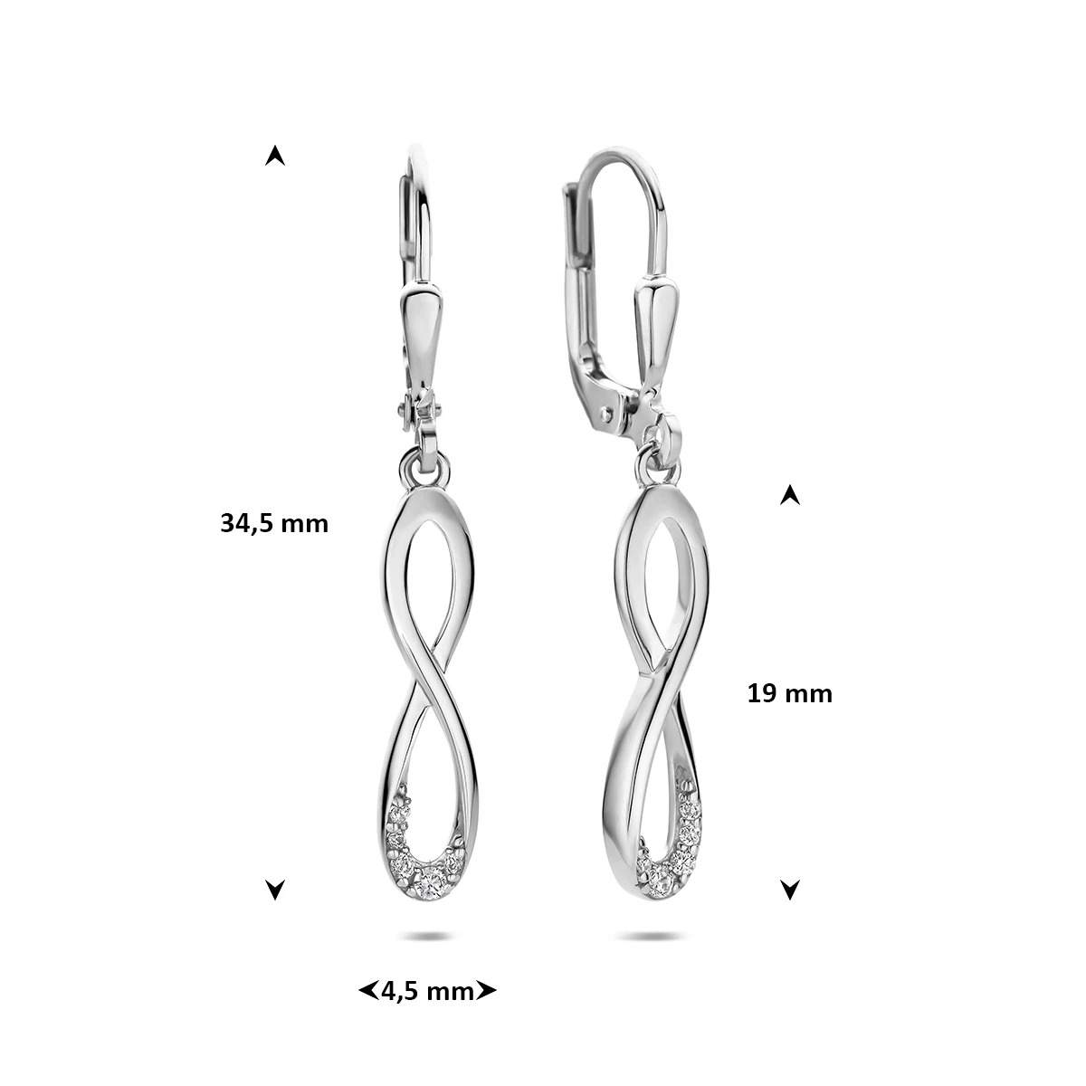 oorhangers infinity zirkonia brisur haak 34,5 mm zilver gerhodineerd