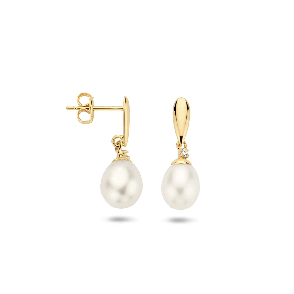 oorhangers parel en zirkonia 19 mm 14K geelgoud