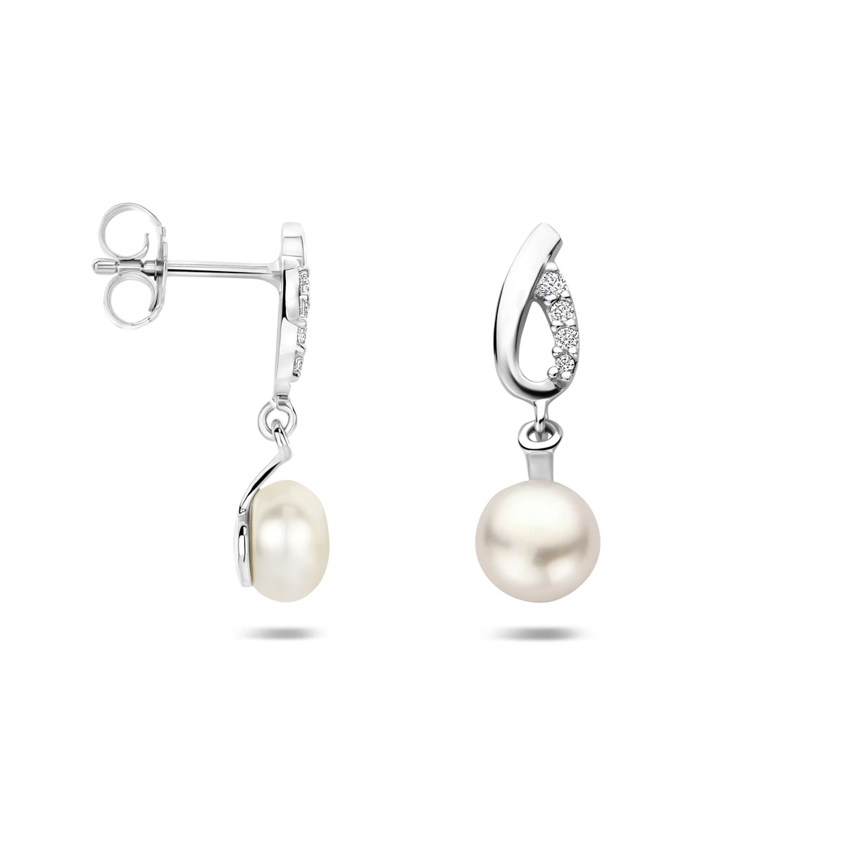 oorhangers parel en zirkonia 21 mm zilver gerhodineerd