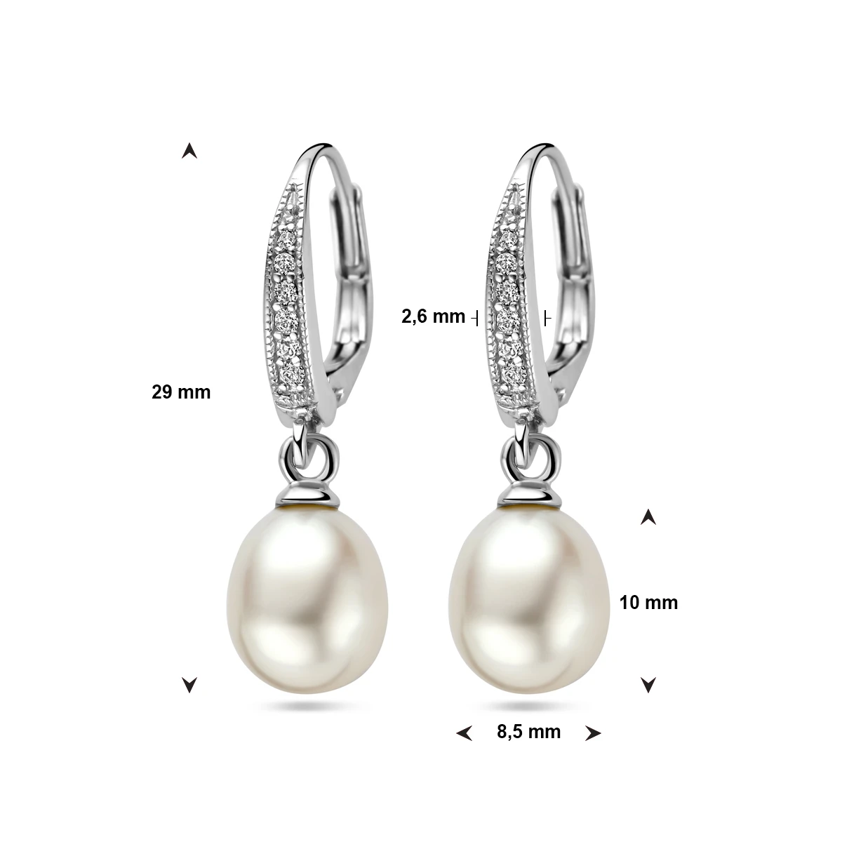 oorhangers parel en zirkonia briseur haak 29 mm zilver gerhodineerd