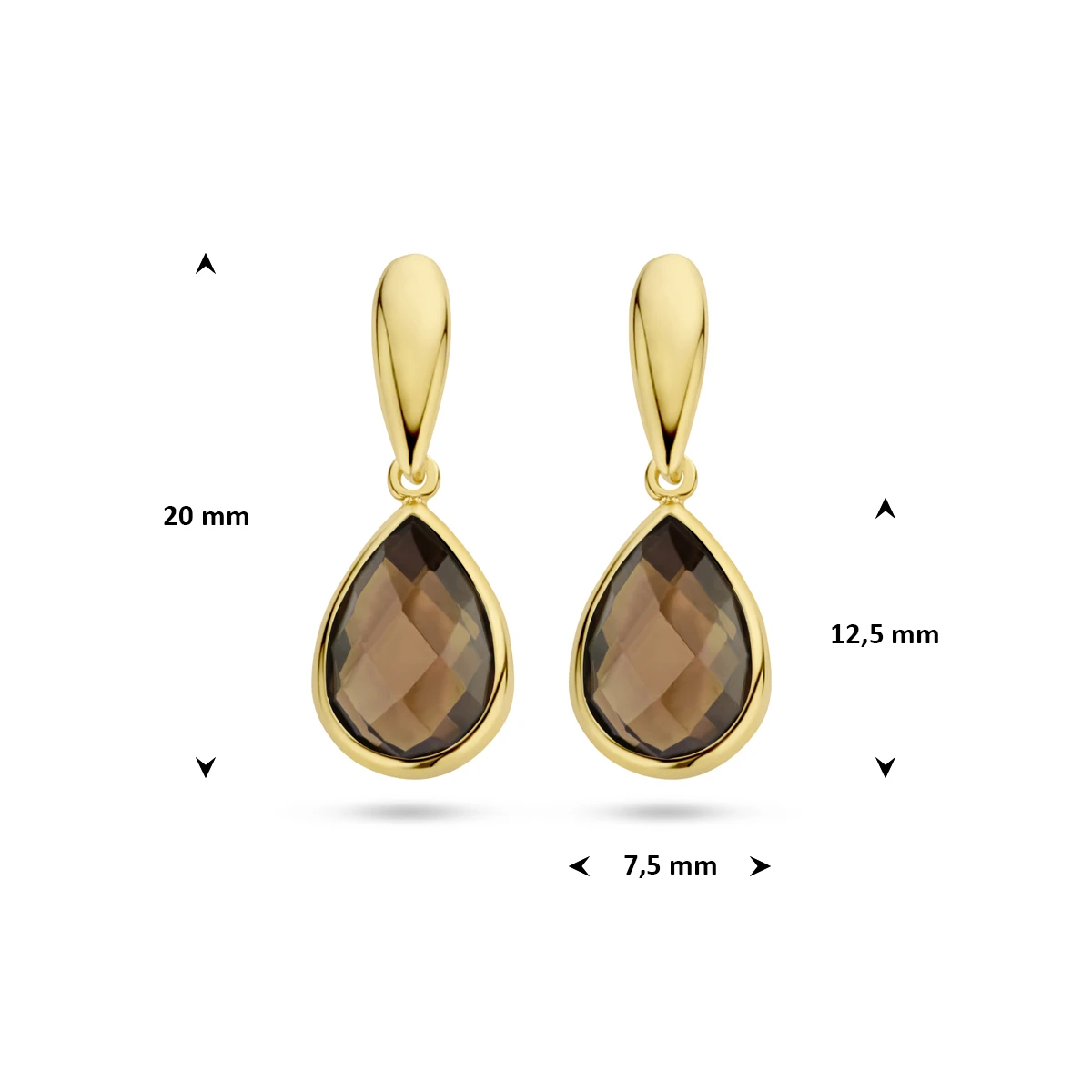 oorhangers rookkwarts 20 mm 14K geelgoud