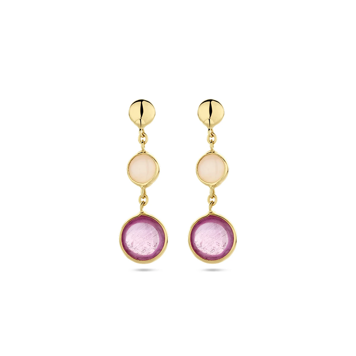 oorhangers roze robijn en roze opaal 14K geelgoud