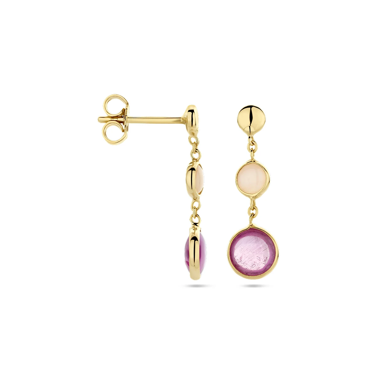 oorhangers roze robijn en roze opaal 14K geelgoud