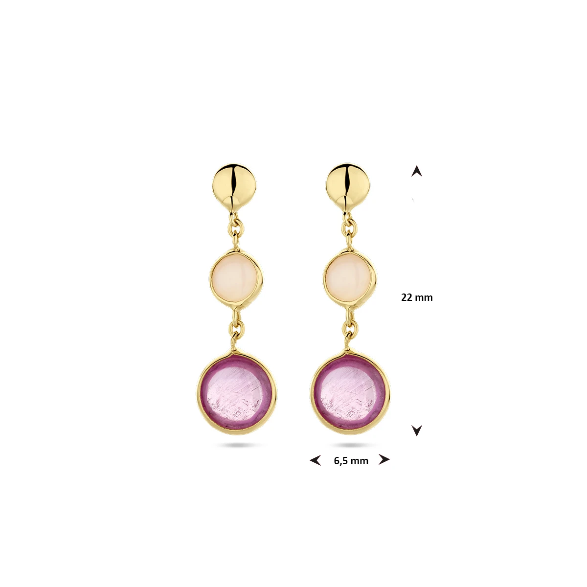 oorhangers roze robijn en roze opaal 14K geelgoud
