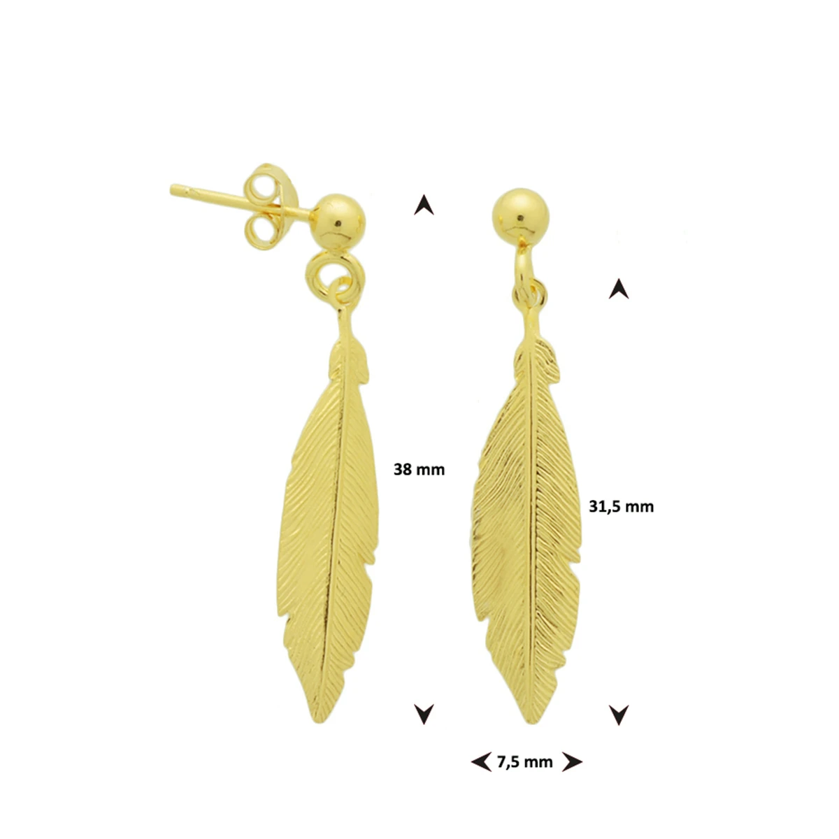 oorhangers veer 38 mm 1 micron zilver verguld (geel)