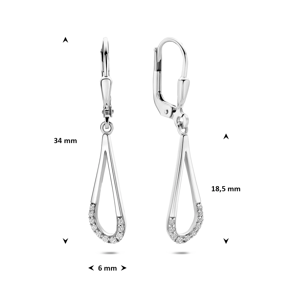 oorhangers zirkonia brisur haak 34 mm zilver gerhodineerd