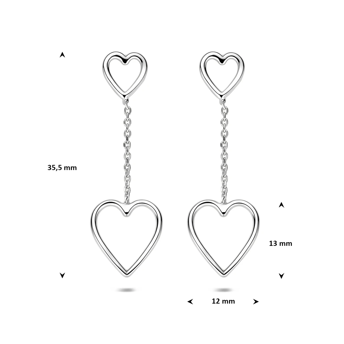 oorhnagers hartjes 35,5 mm zilver gerhodineerd