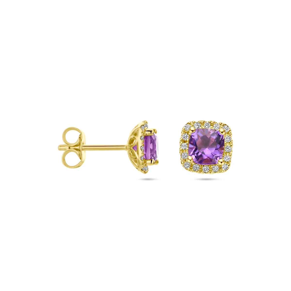 oorknoppen amethist en diamant 0.15ct h si (2 x 0.075ct) 14K geelgoud
