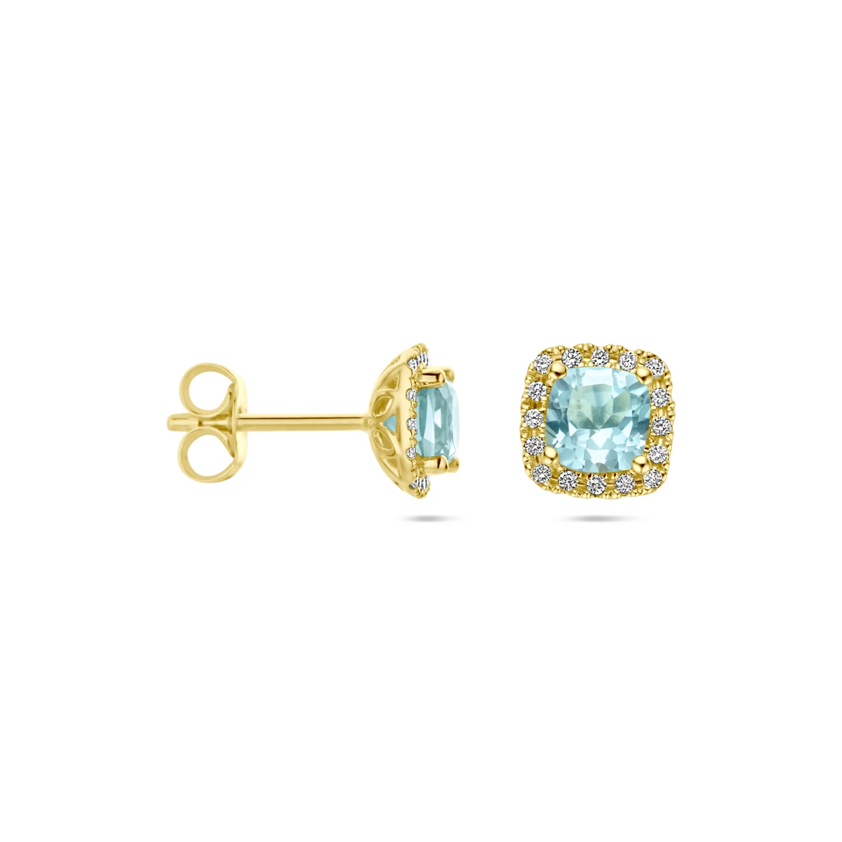oorknoppen blauw topaas en diamant 0.15ct h si (2 x 0.075ct) 14K geelgoud