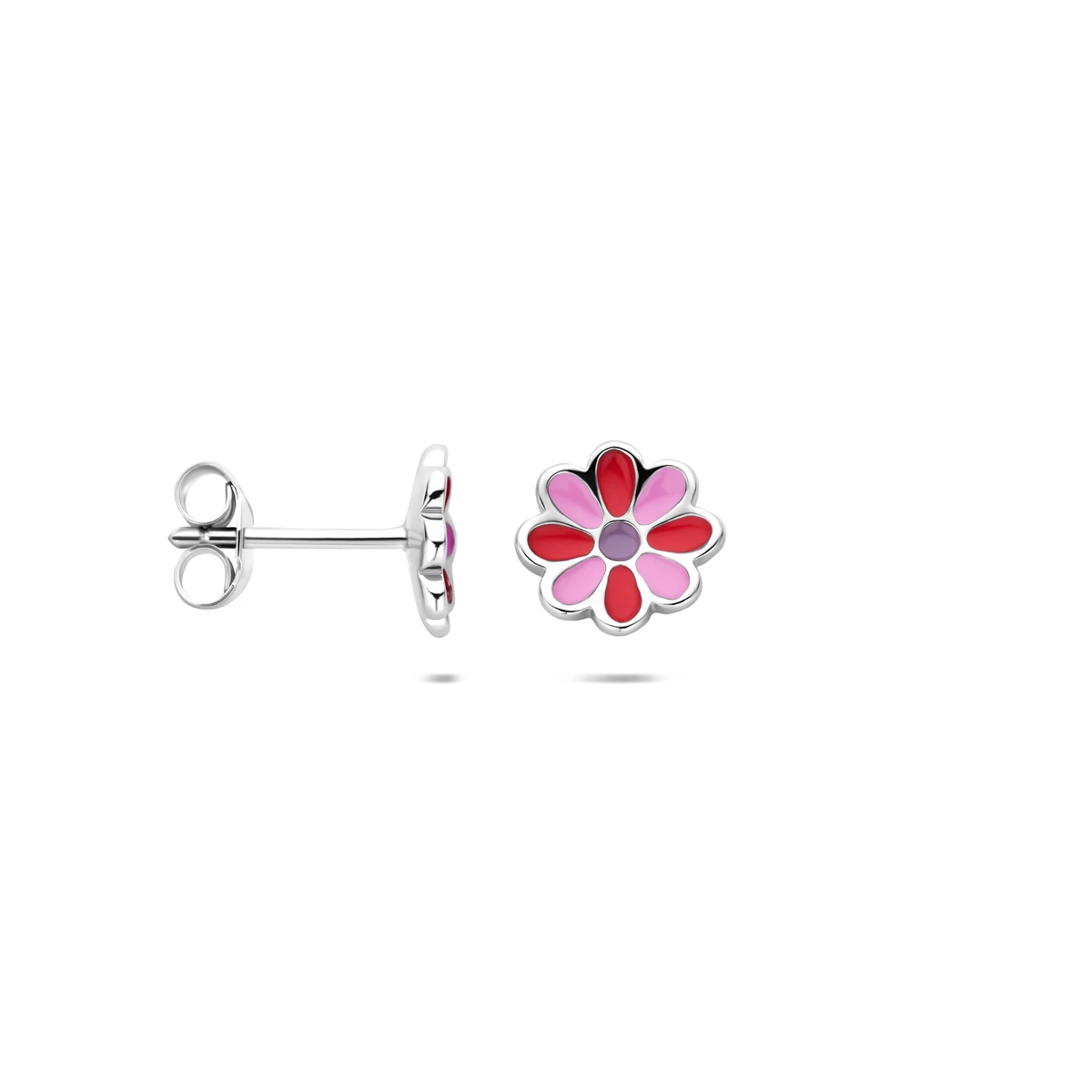 oorknoppen bloem emaille 8 mm zilver gerhodineerd