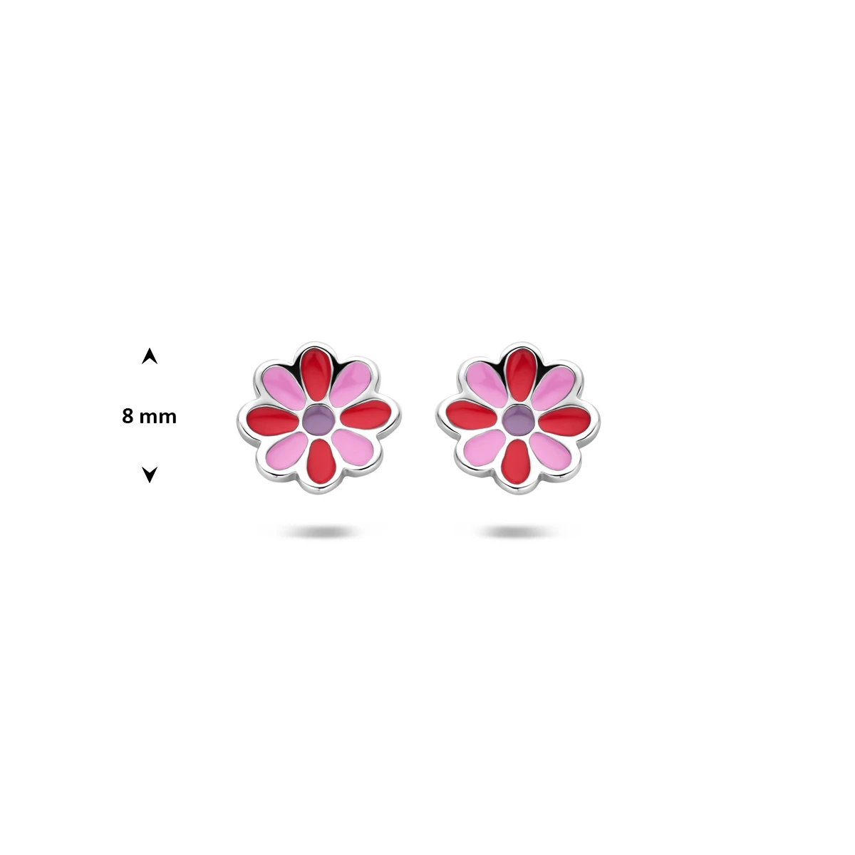 oorknoppen bloem emaille 8 mm zilver gerhodineerd