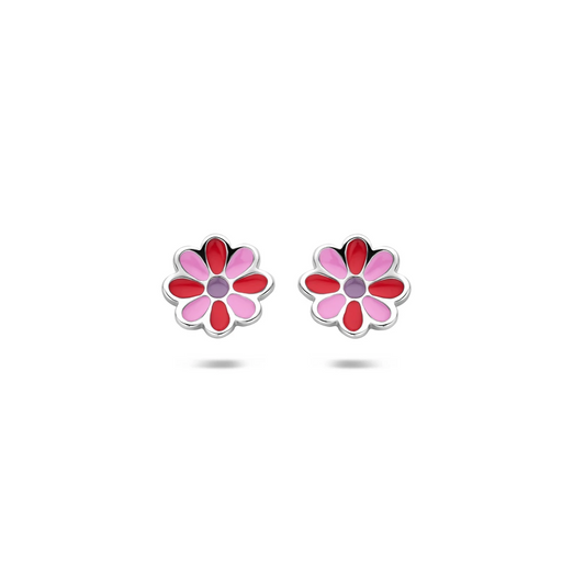 oorknoppen bloem emaille 8 mm zilver gerhodineerd