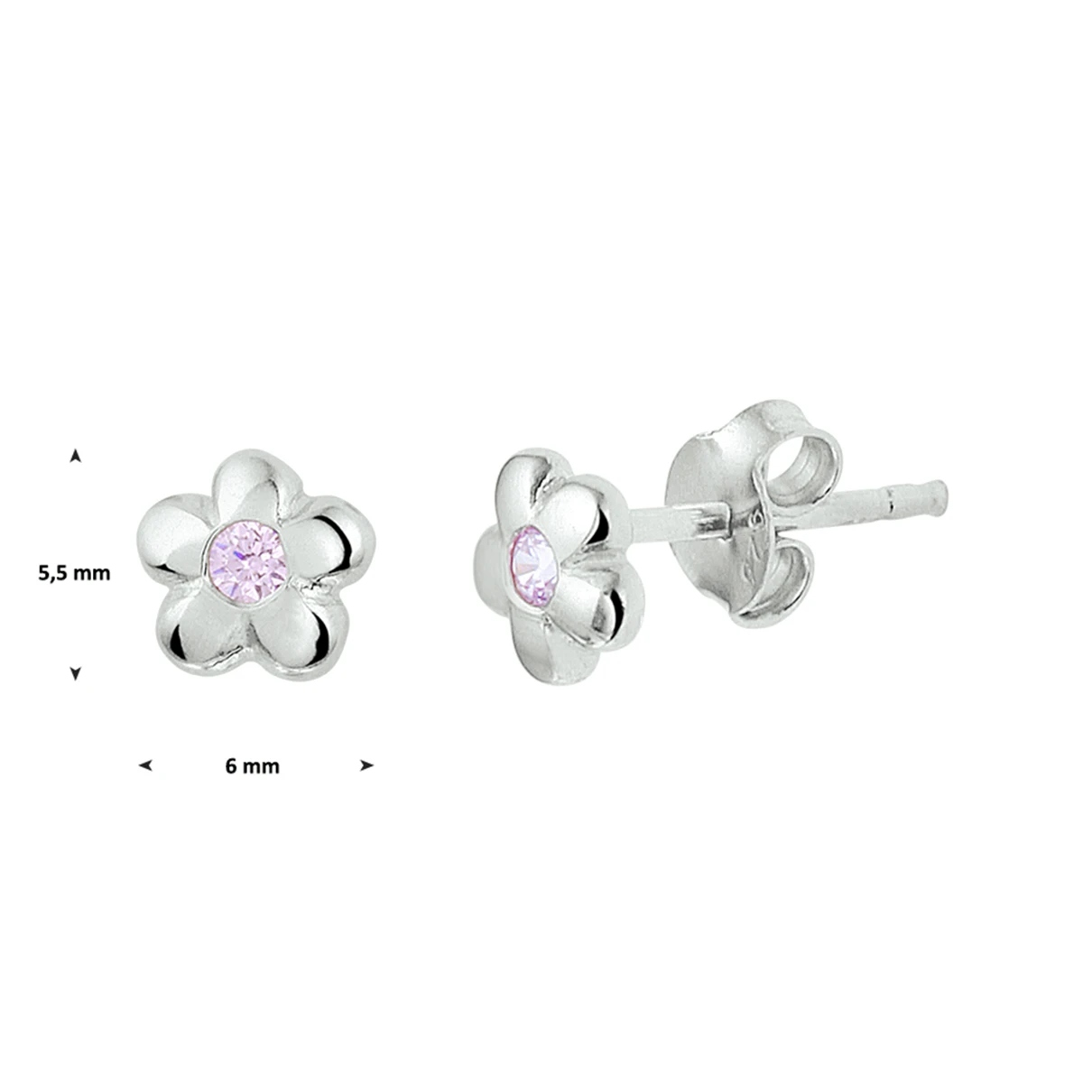 oorknoppen bloem en roze zirkonia zilver gerhodineerd