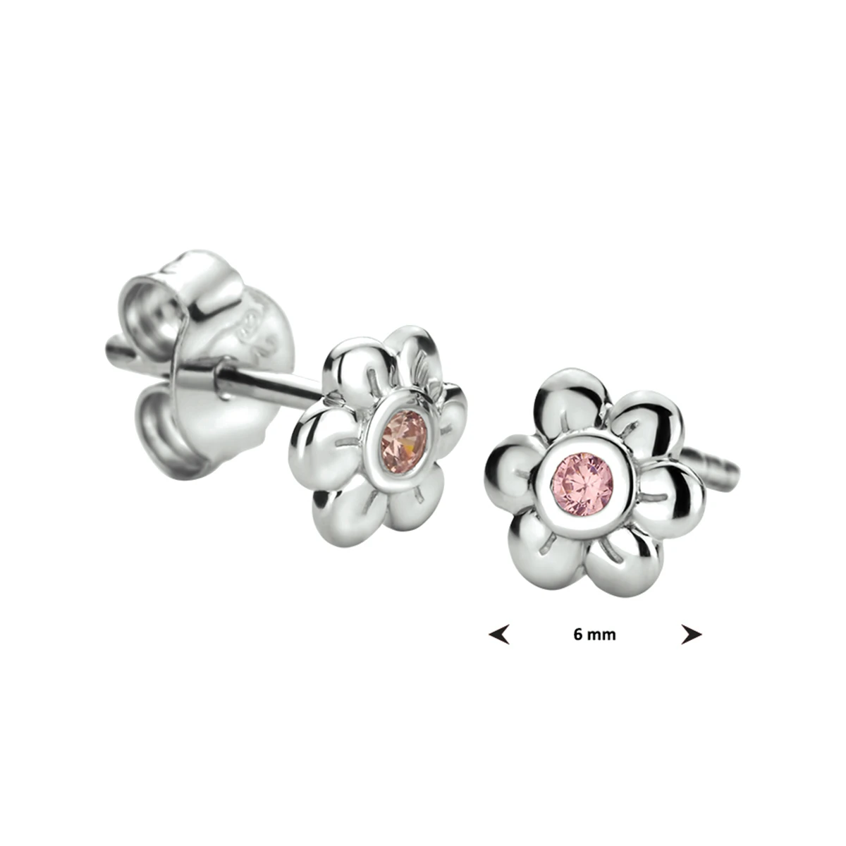 oorknoppen bloem roze zirkonia zilver gerhodineerd