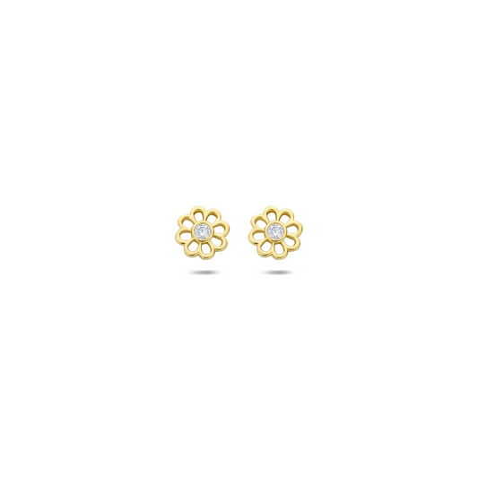 oorknoppen bloem zirkonia 14K geelgoud
