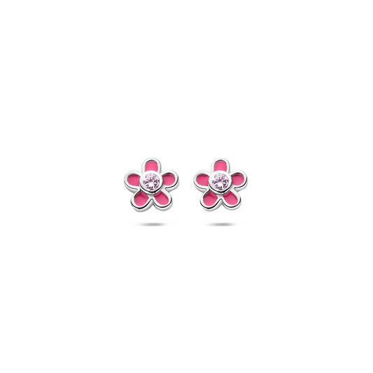 oorknoppen bloem zirkonia emaille 6,5 mm zilver gerhodineerd