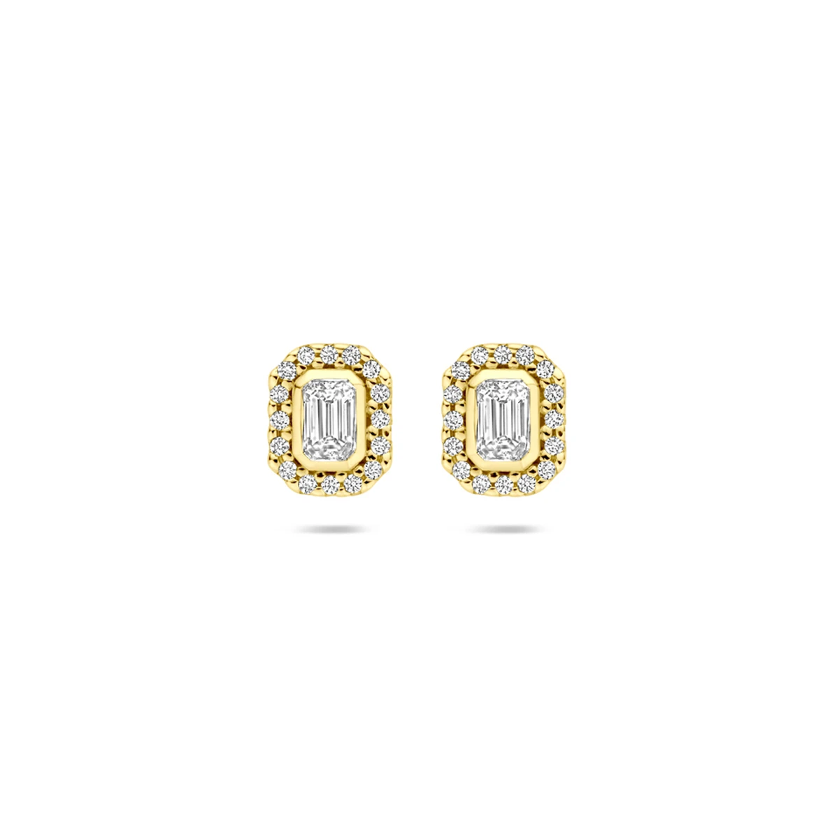 oorknoppen diamant 0.34ct (2x 0.17ct) h si 7 mm halo 14K geelgoud