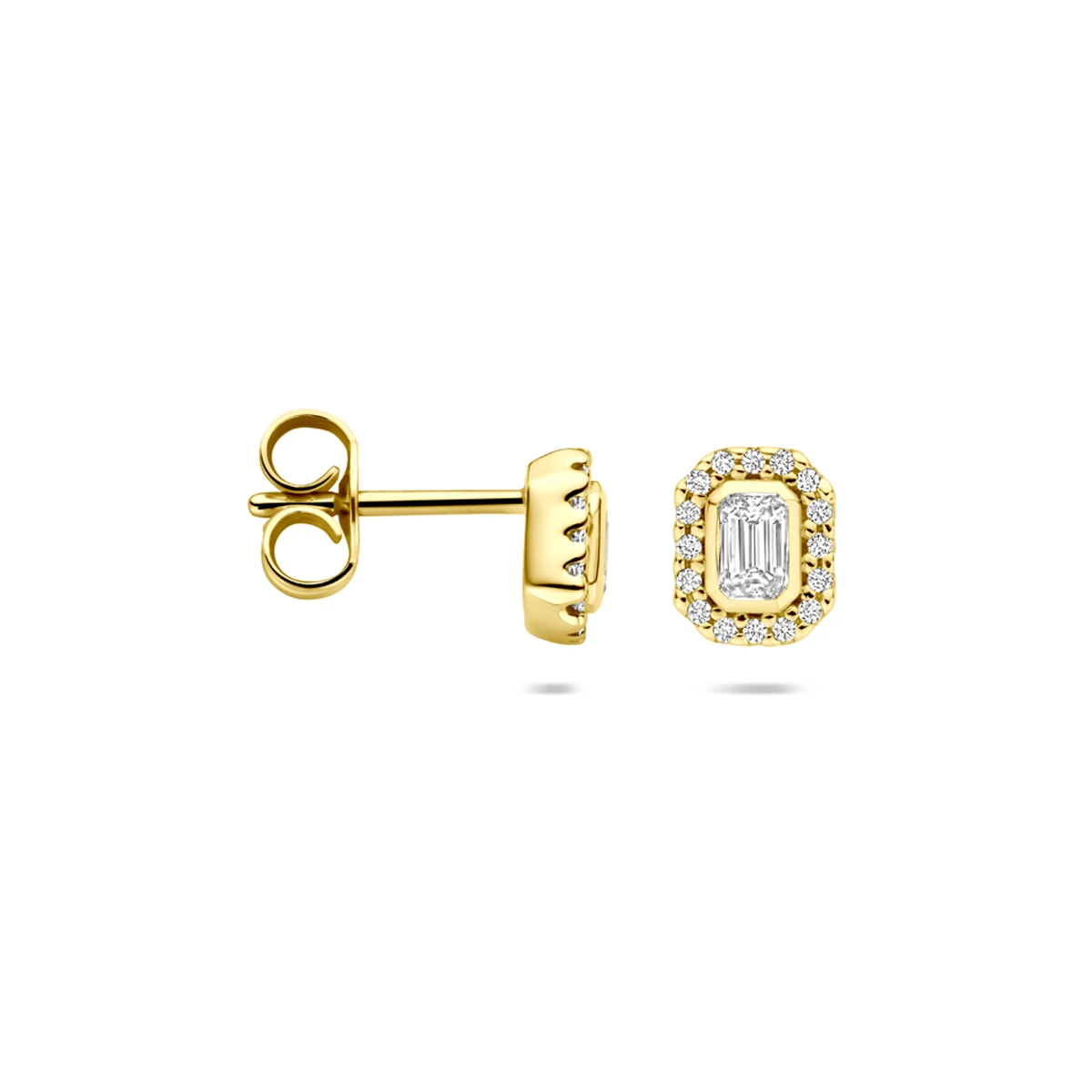 oorknoppen diamant 0.34ct (2x 0.17ct) h si 7 mm halo 14K geelgoud