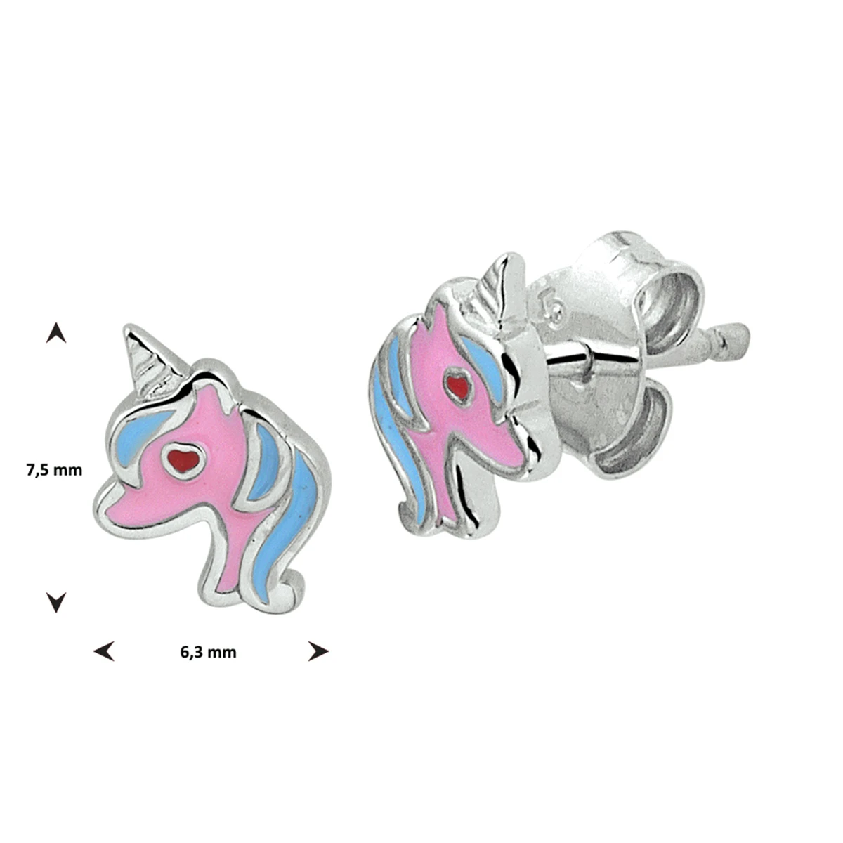 oorknoppen eenhoorn emaille zilver gerhodineerd