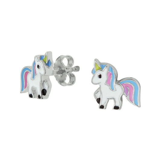 oorknoppen eenhoorn emaille zilver gerhodineerd