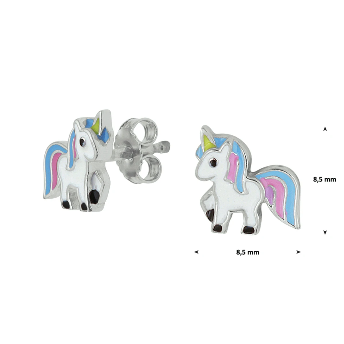 oorknoppen eenhoorn emaille zilver gerhodineerd