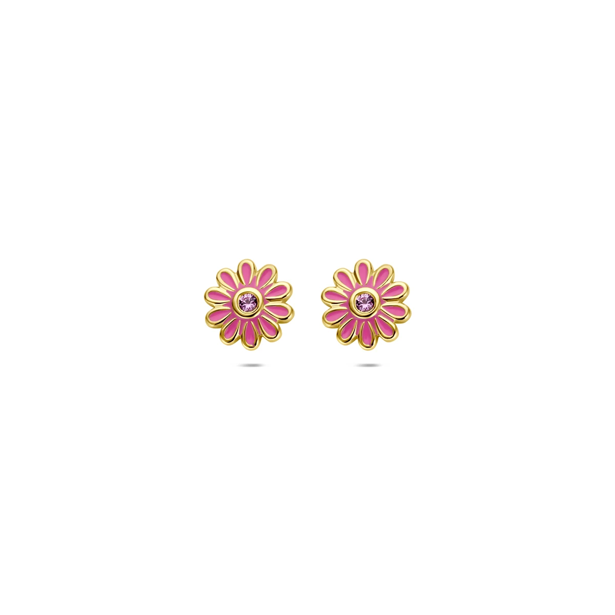 oorknoppen emaille bloem roze zirkonia 7 mm 1 micron zilver verguld (geel)