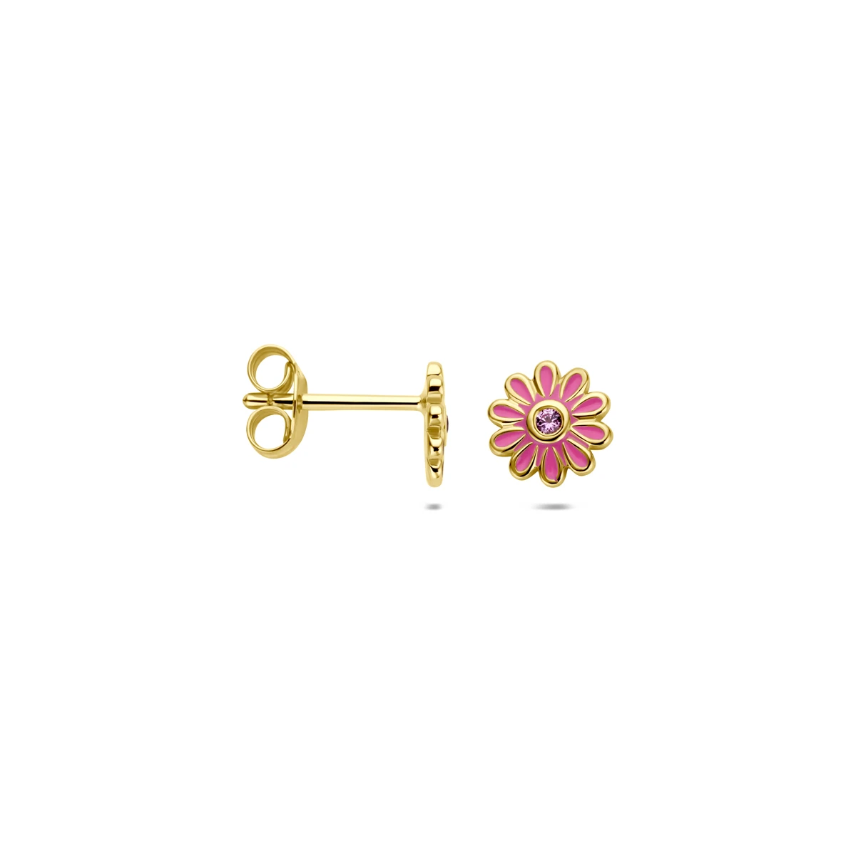 oorknoppen emaille bloem roze zirkonia 7 mm 1 micron zilver verguld (geel)