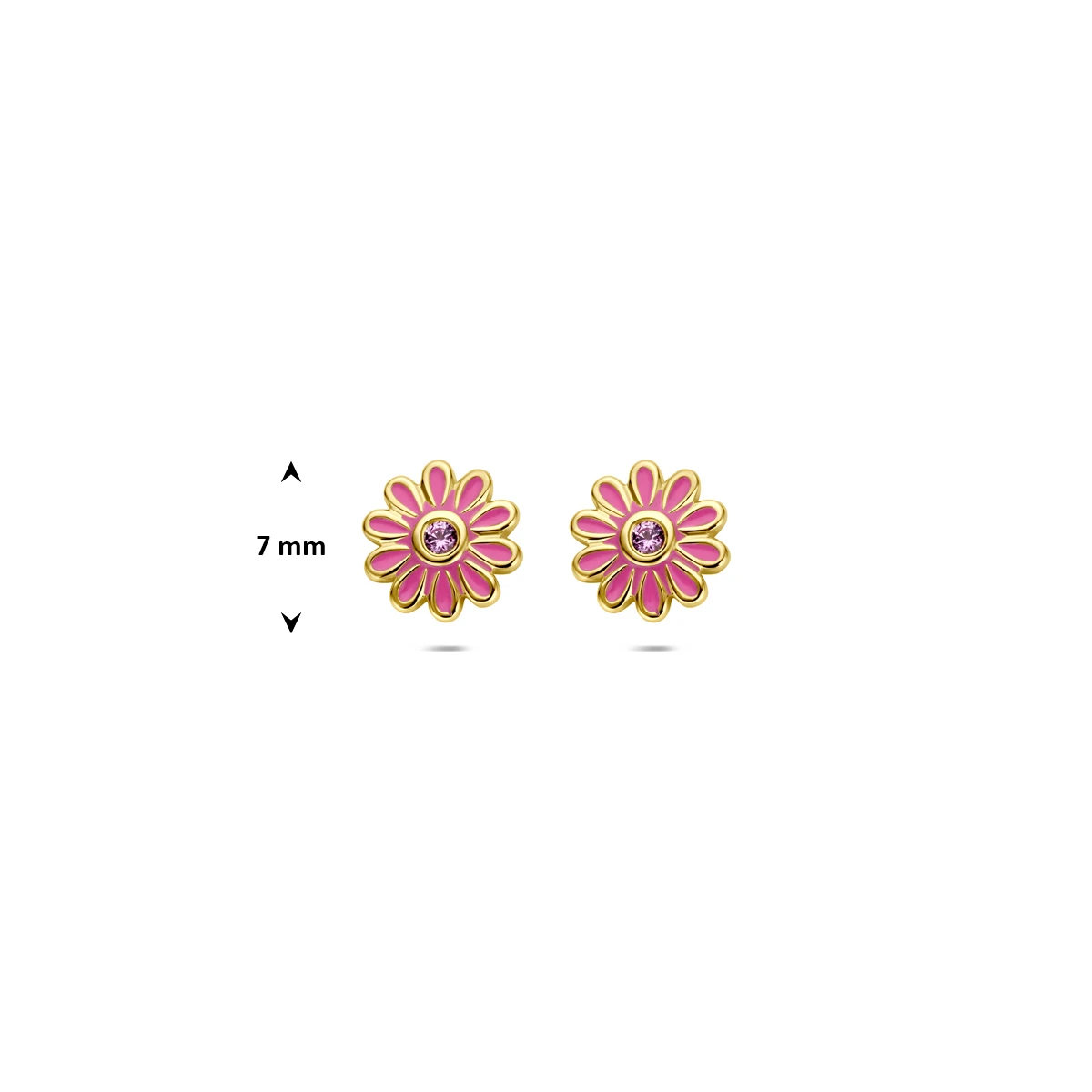 oorknoppen emaille bloem roze zirkonia 7 mm 1 micron zilver verguld (geel)