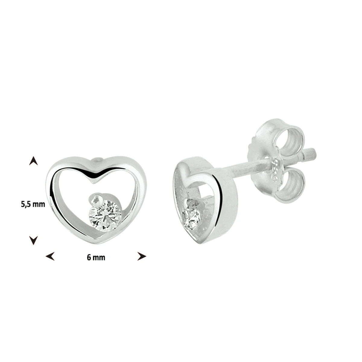 oorknoppen hart zirkonia zilver gerhodineerd