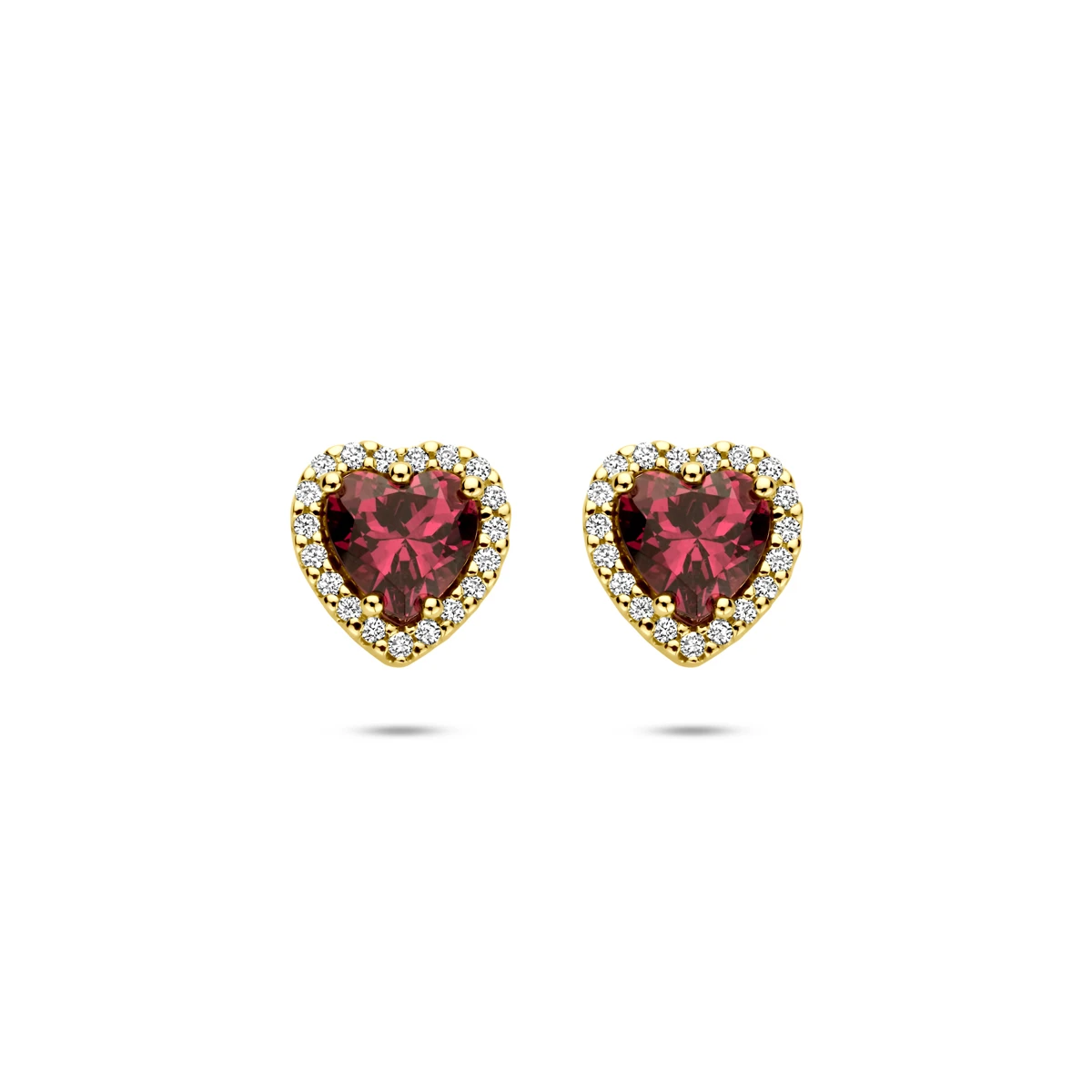 oorknoppen hartje roze rhodoliet en diamant 0.10ct (2x 0.05ct) h si 7,5 mm 14K geelgoud