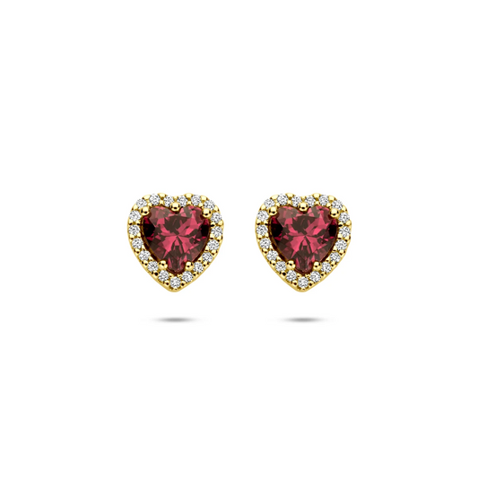 oorknoppen hartje roze rhodoliet en diamant 0.10ct (2x 0.05ct) h si 7,5 mm 14K geelgoud