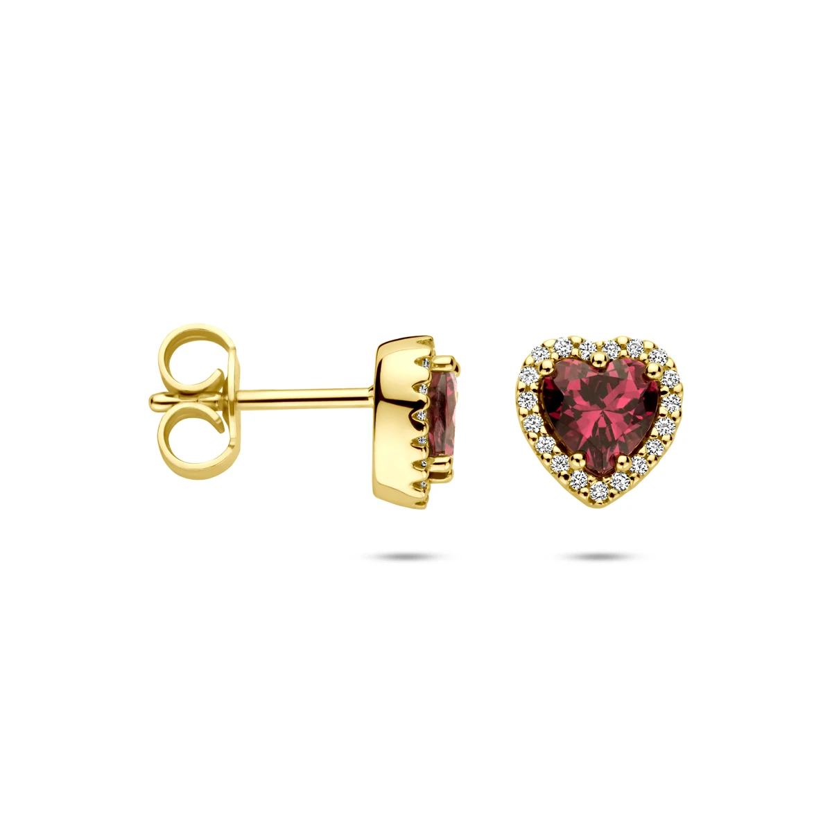 oorknoppen hartje roze rhodoliet en diamant 0.10ct (2x 0.05ct) h si 7,5 mm 14K geelgoud