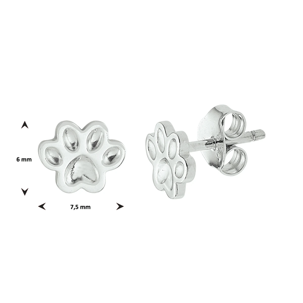 oorknoppen hondenpoot 6 mm zilver gerhodineerd