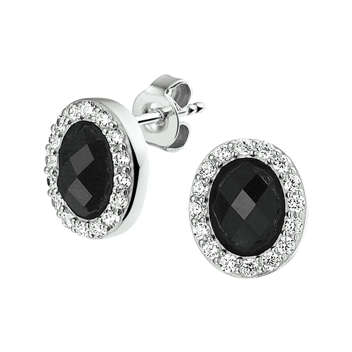 oorknoppen onyx en zirkonia halo zilver gerhodineerd